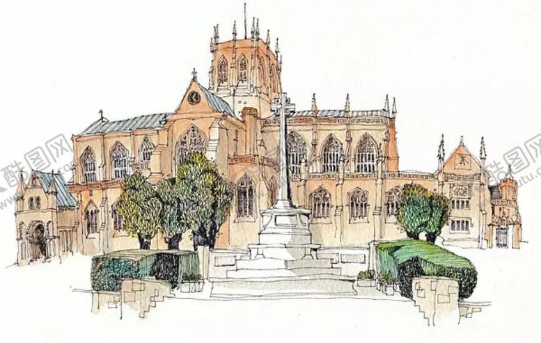 编号：55603209190612379369【酷图网】源文件下载-水彩建筑插画
