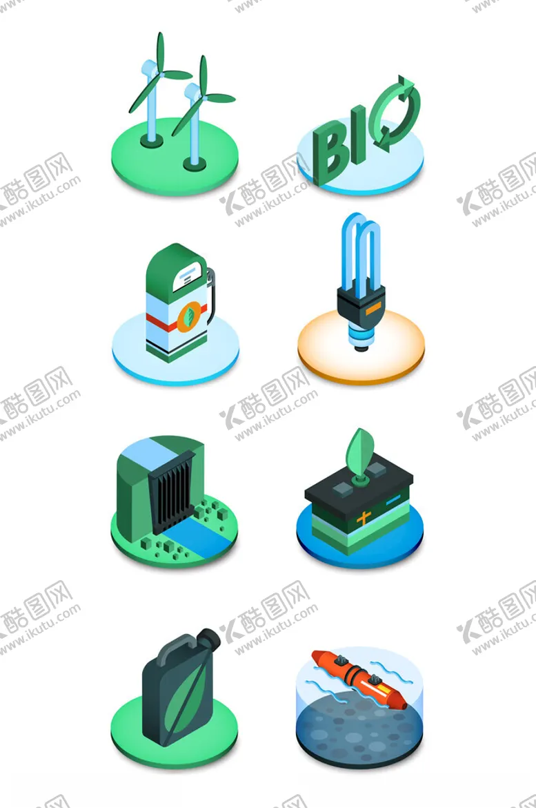 编号：49292502270906427620【酷图网】源文件下载-绿色能源节能环保等距图标插画
