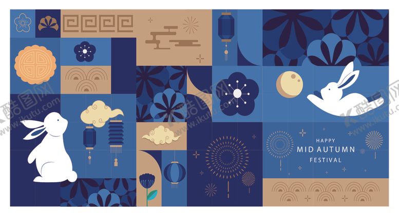 编号：46371110022227193893【酷图网】源文件下载-蓝色拼贴风玉兔插画图案