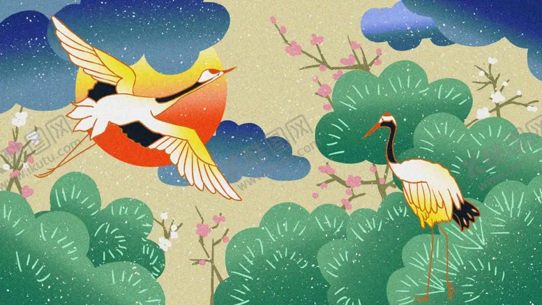 编号：19464709180833222003【酷图网】源文件下载-国潮插画仙鹤插画