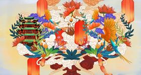 国潮塔太阳仙鹤插画