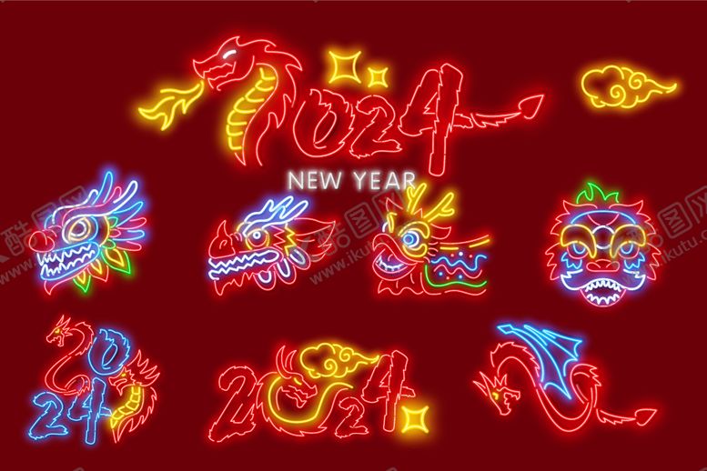 编号：78371612091438105922【酷图网】源文件下载-霓虹灯效果2024龙年文字创意