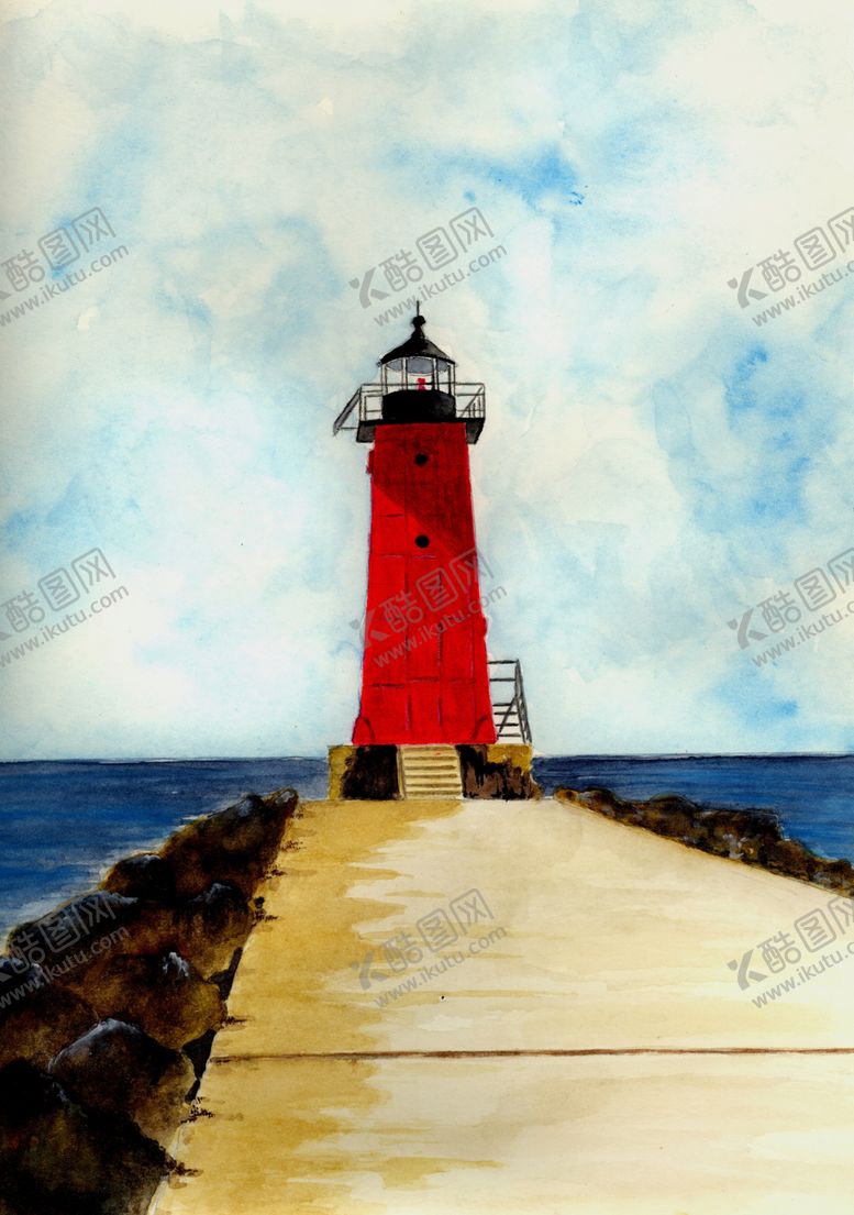 海边顶塔风景油画手绘插画装饰画美式宾馆无框