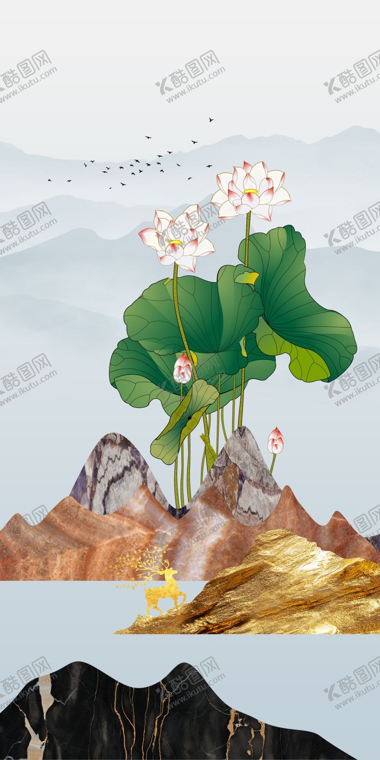编号：61015407090113459011【酷图网】源文件下载-山水荷花装饰玄关画