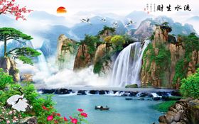 中式流水生财山水装饰画
