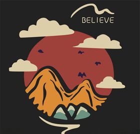 黄昏远山卡通矢量素材图