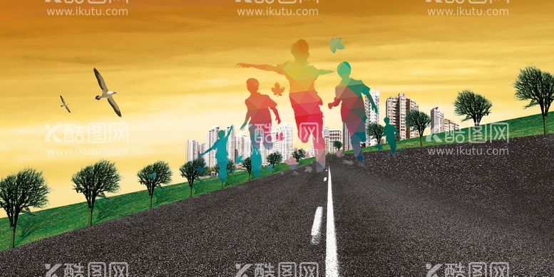 编号：86912709300117292468【酷图网】源文件下载-道路树木夕阳跑步城市建筑背景