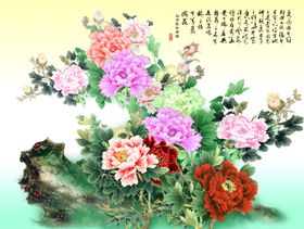 假山牡丹花背景墙复古装饰画