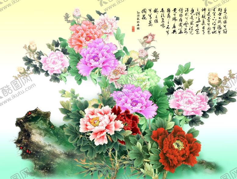 编号：18451409241346232524【酷图网】源文件下载-假山牡丹花背景墙复古装饰画
