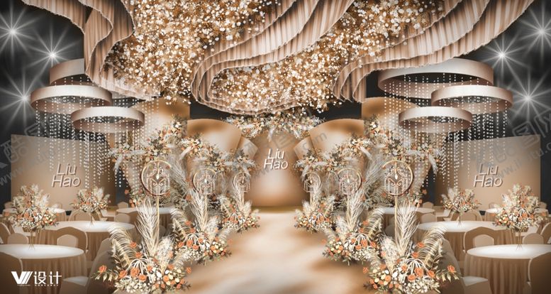 编号：33681709290257412487【酷图网】源文件下载-香槟色婚礼舞台效果图