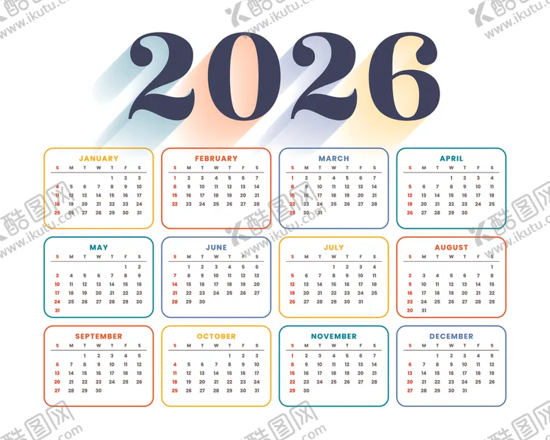 编号：78369610062127358226【酷图网】源文件下载-2026年彩色日历模板