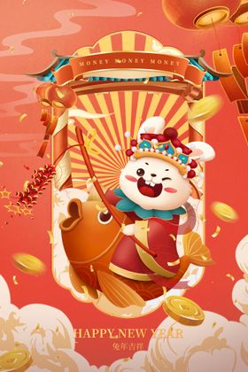 国潮兔年快乐贺卡大吉吉祥