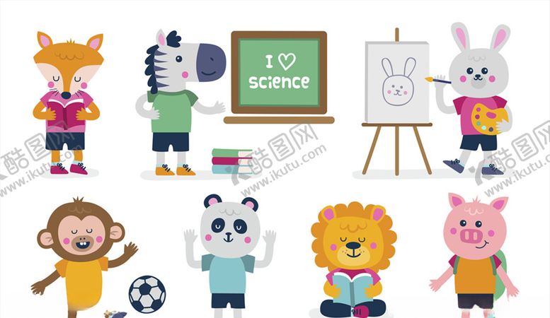 编号：80617209232027341512【酷图网】源文件下载-7款创意上学的动物