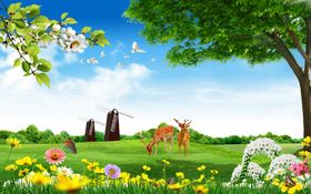 山水田园小碎花鹿背景墙