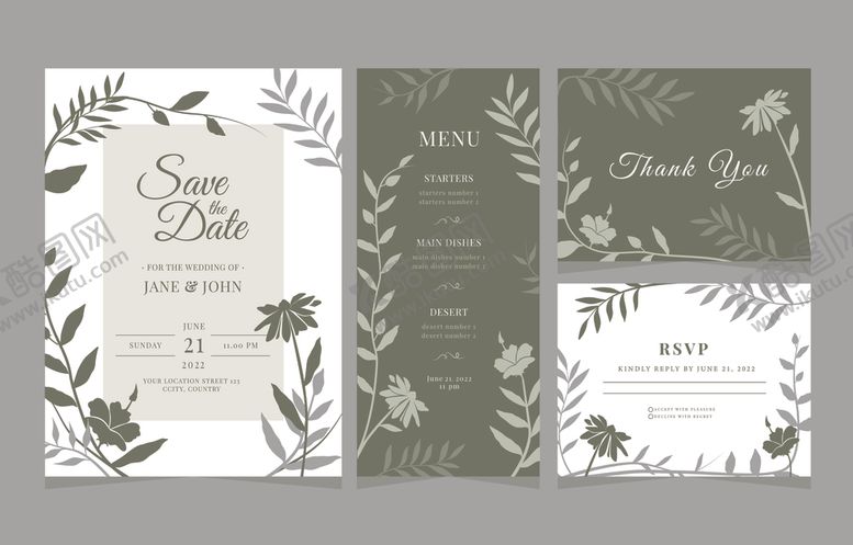 编号：75902811021807385068【酷图网】源文件下载-清新绿植婚礼请柬设计