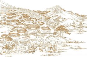 中式山水风景手绘插画