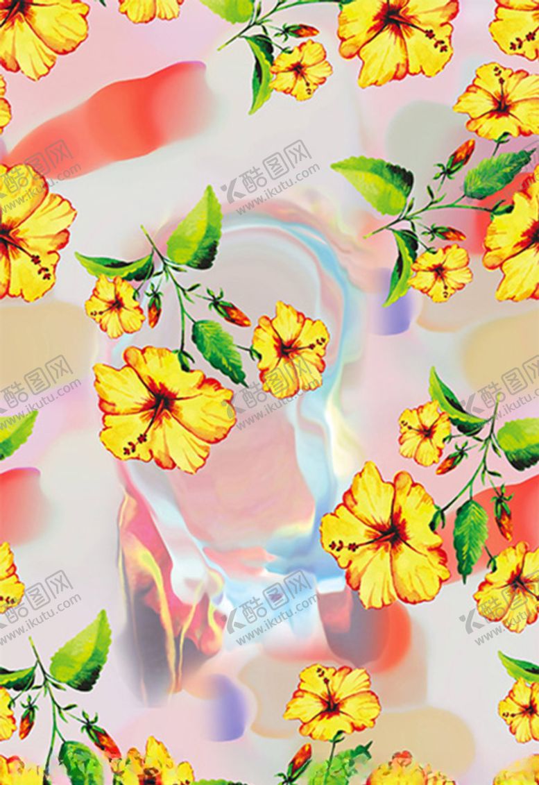编号：15636206241007255472【酷图网】源文件下载-数码印花混色底绿叶黄花朵