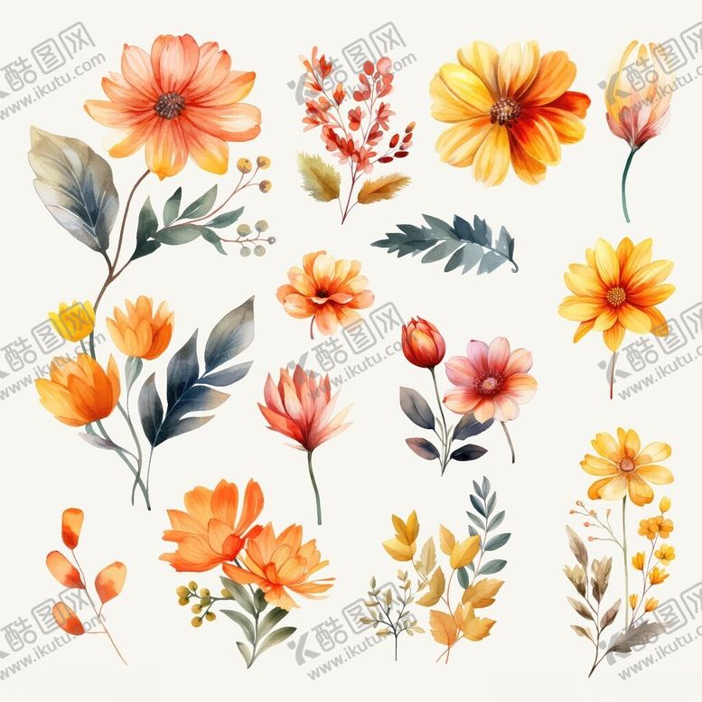 编号：57663911151209593091【酷图网】源文件下载-水彩花卉插画素材集合