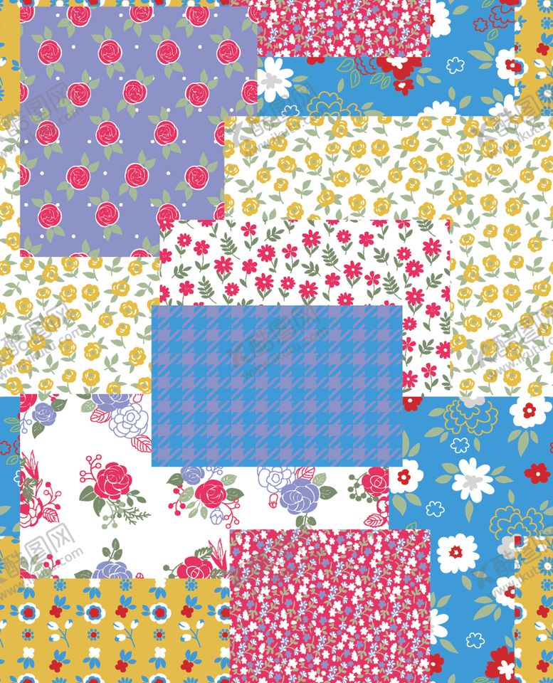编号：89145504281327481684【酷图网】源文件下载-多彩花卉格子拼接图案