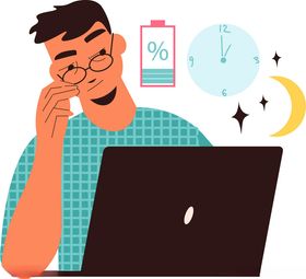 男子夜间专注使用笔记本电脑