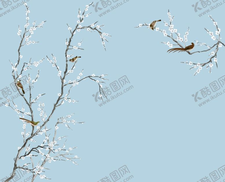 编号：65245309282347233381【酷图网】源文件下载-花鸟画梅花飞鸟背景墙