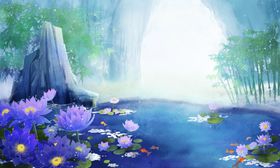 山水梦幻游戏插画卡通背景素材