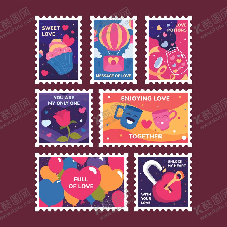 编号：63786804051813146933【酷图网】源文件下载-多彩邮票浪漫与欢乐主题