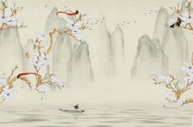 水墨山水玉兰小船背景墙