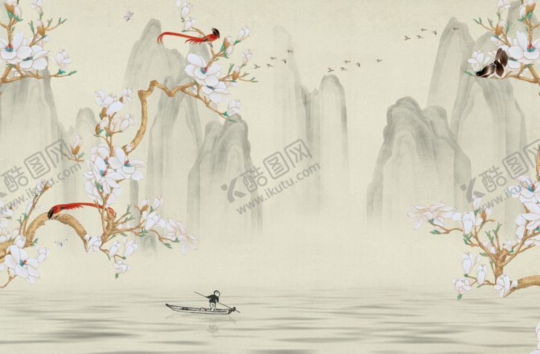 编号：51804309240753164010【酷图网】源文件下载-水墨山水玉兰小船背景墙