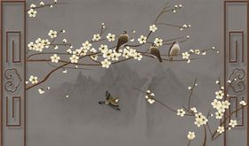 花鸟画竹子梅树背景墙