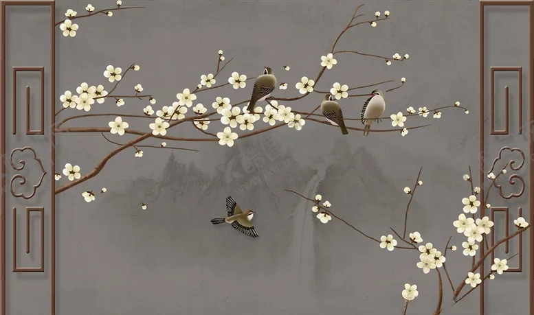 编号：45564005031150513286【酷图网】源文件下载-花鸟画背景墙