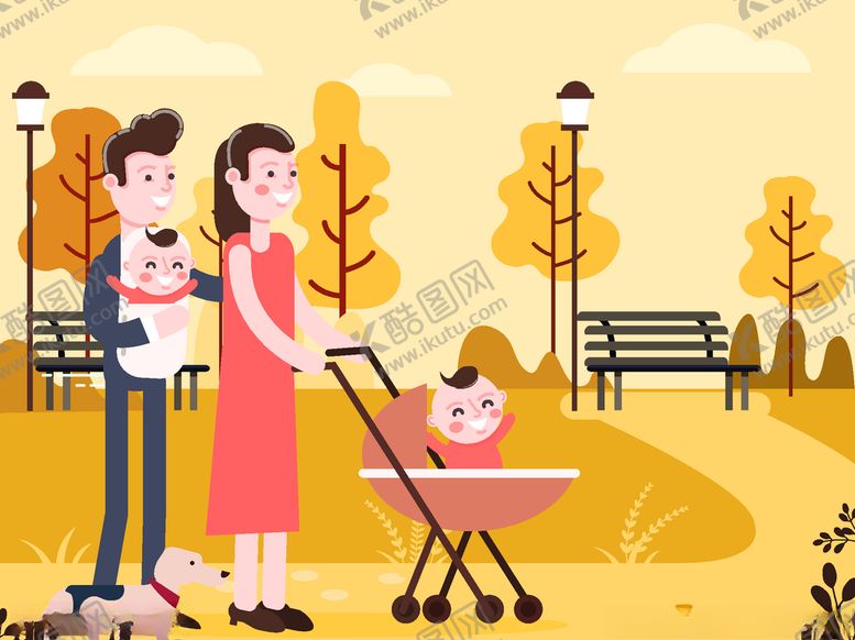 编号：43220910201742311713【酷图网】源文件下载-创意秋季公园散步的四口之家