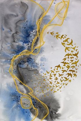 新中式飞鸟水墨山水装饰画