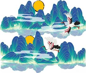 山水间双鹤伴月图