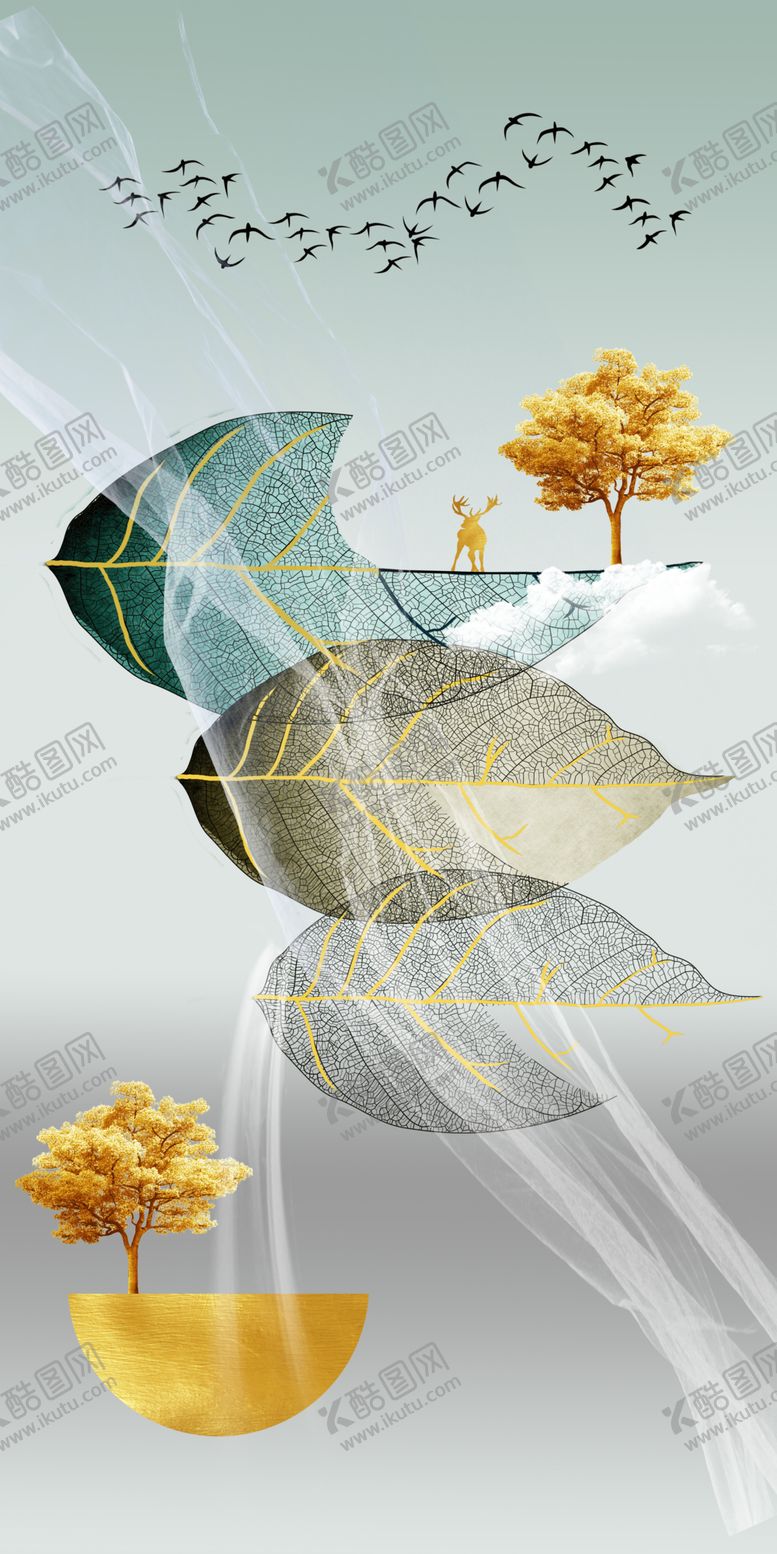 编号：24267705061915021402【酷图网】源文件下载-轻奢金箔麋鹿玄关装饰画
