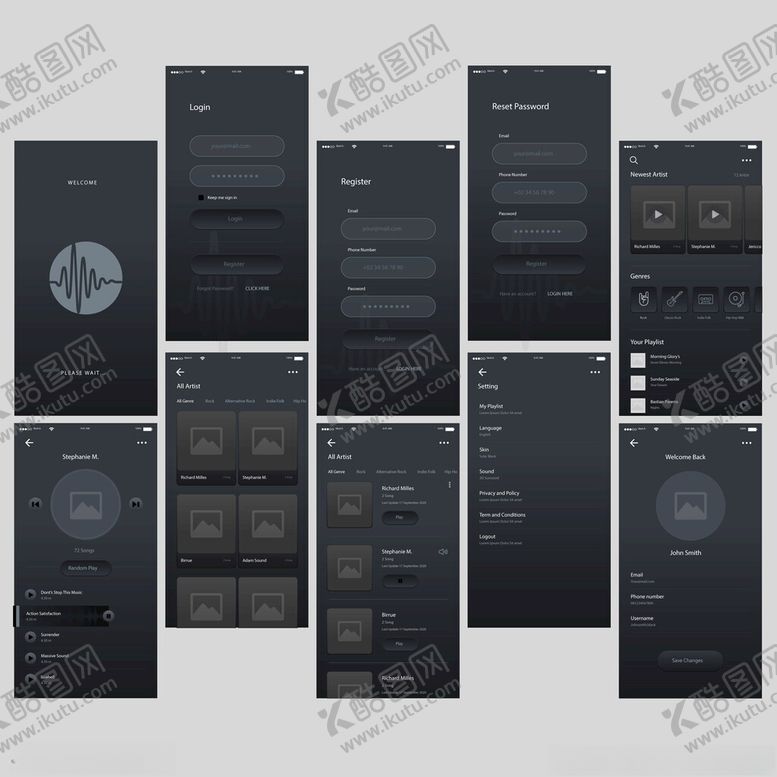 编号：45732509270239316530【酷图网】源文件下载-深色系手机应用界面