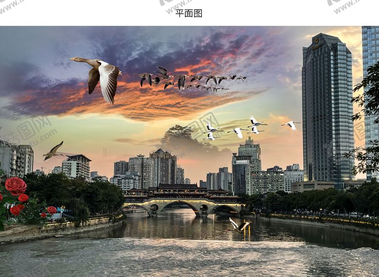 编号：12709309190021007169【酷图网】源文件下载-黄昏晚霞建筑风景流水图片