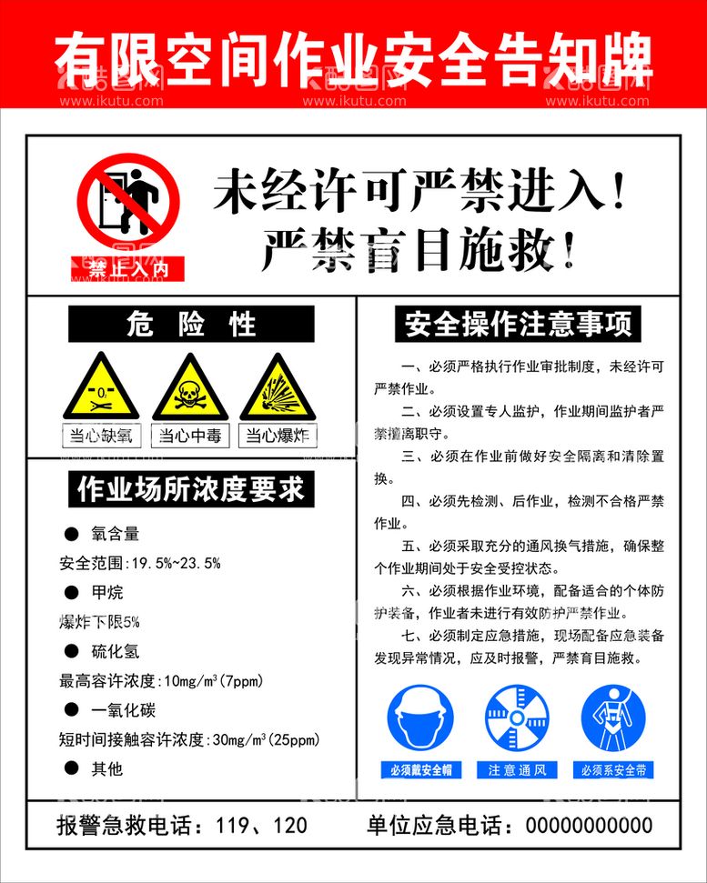 编号：69018409120037577083【酷图网】源文件下载-有限空间作业安全告知牌注意通风当心缺氧