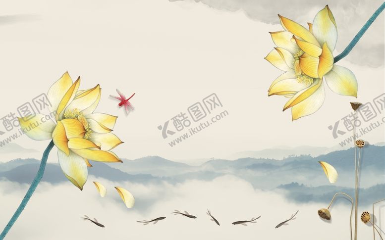 编号：93120709191027295872【酷图网】源文件下载-山水画荷花蜻蜓九鱼背景墙