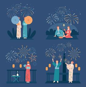 节日烟花下的欢乐人群