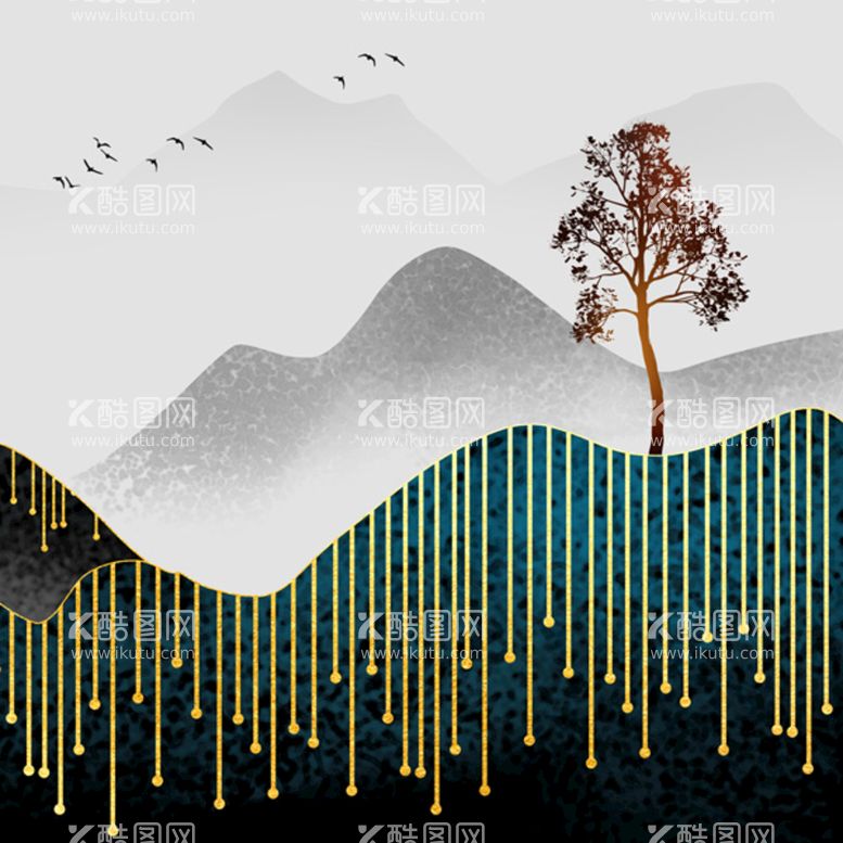 编号：25087609211725545620【酷图网】源文件下载-新中式水墨山脉大树挂画装饰画