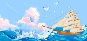 航海日大海和船蓝色卡通背景