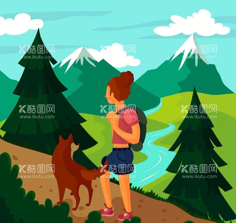 编号：47356809250732169157【酷图网】源文件下载-登山女子和宠物狗