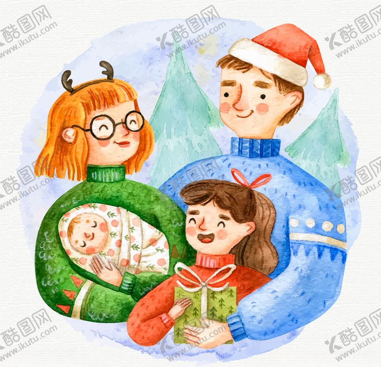 编号：30125609270444091295【酷图网】源文件下载-彩绘温馨圣诞四口之家