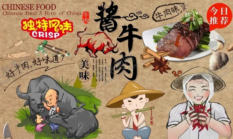 编号：73138709110630186075【酷图网】源文件下载-酱牛肉背景墙PSD模板下载