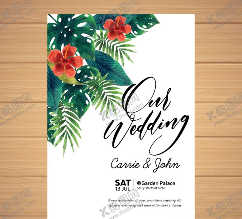 编号：74892210120705494139【酷图网】源文件下载-创意热带花草婚礼邀请卡