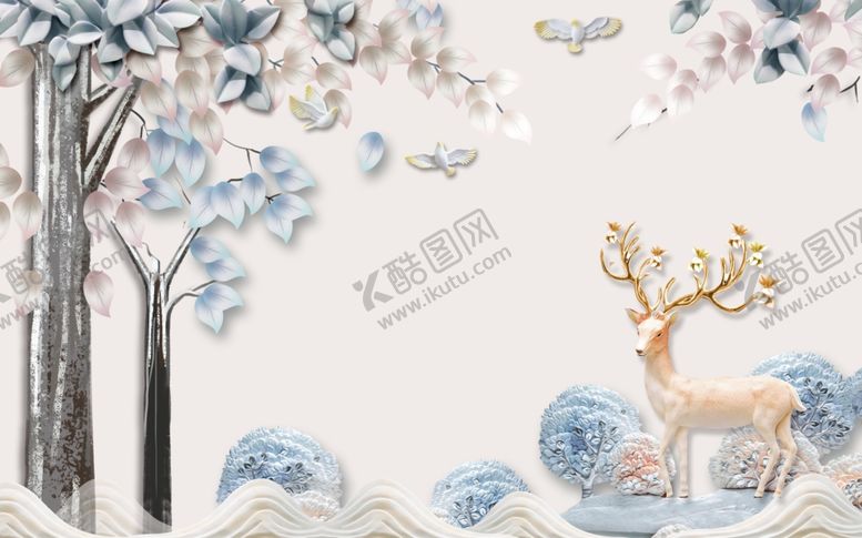 编号：39767706301728488172【酷图网】源文件下载-浮雕花梅花鹿背景墙