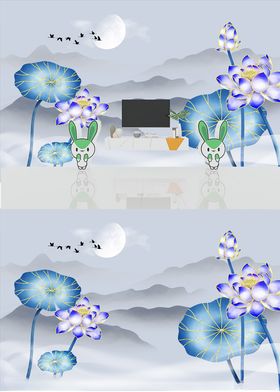 简约手绘荷花电视背景墙