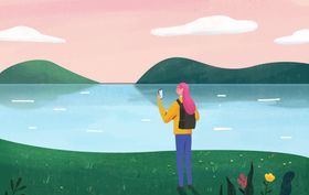 女孩看海插画