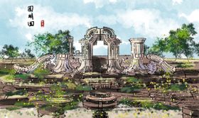 圆明园景点国风插画卡通背景